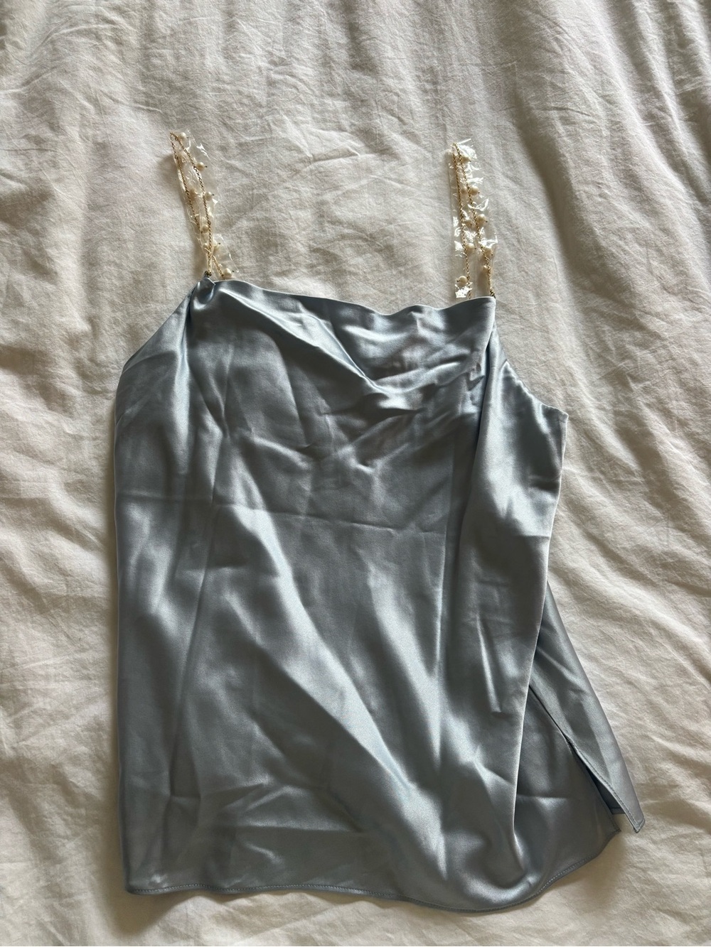 Cami NYC Silver Satin Camisole with Pearl-Strap Detail
